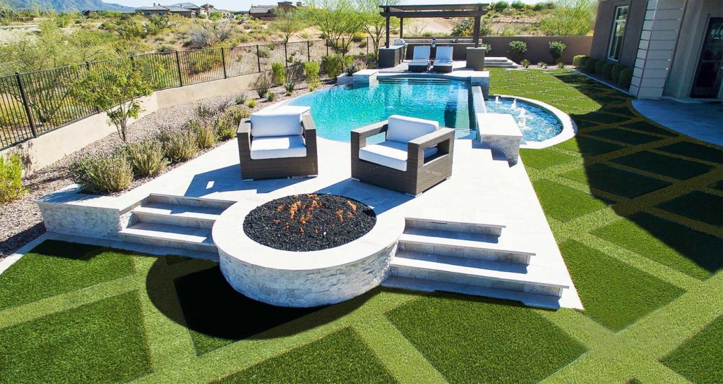 Residential backyard with artificial grass