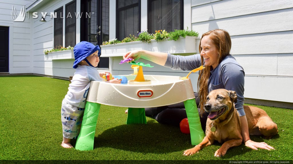 Mother and child playing with dog on artificial grass