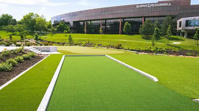 Commercial bocce court recreation area with artificial grass