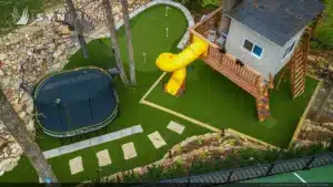 Drone shot artificial grass backyard from SYNLawn